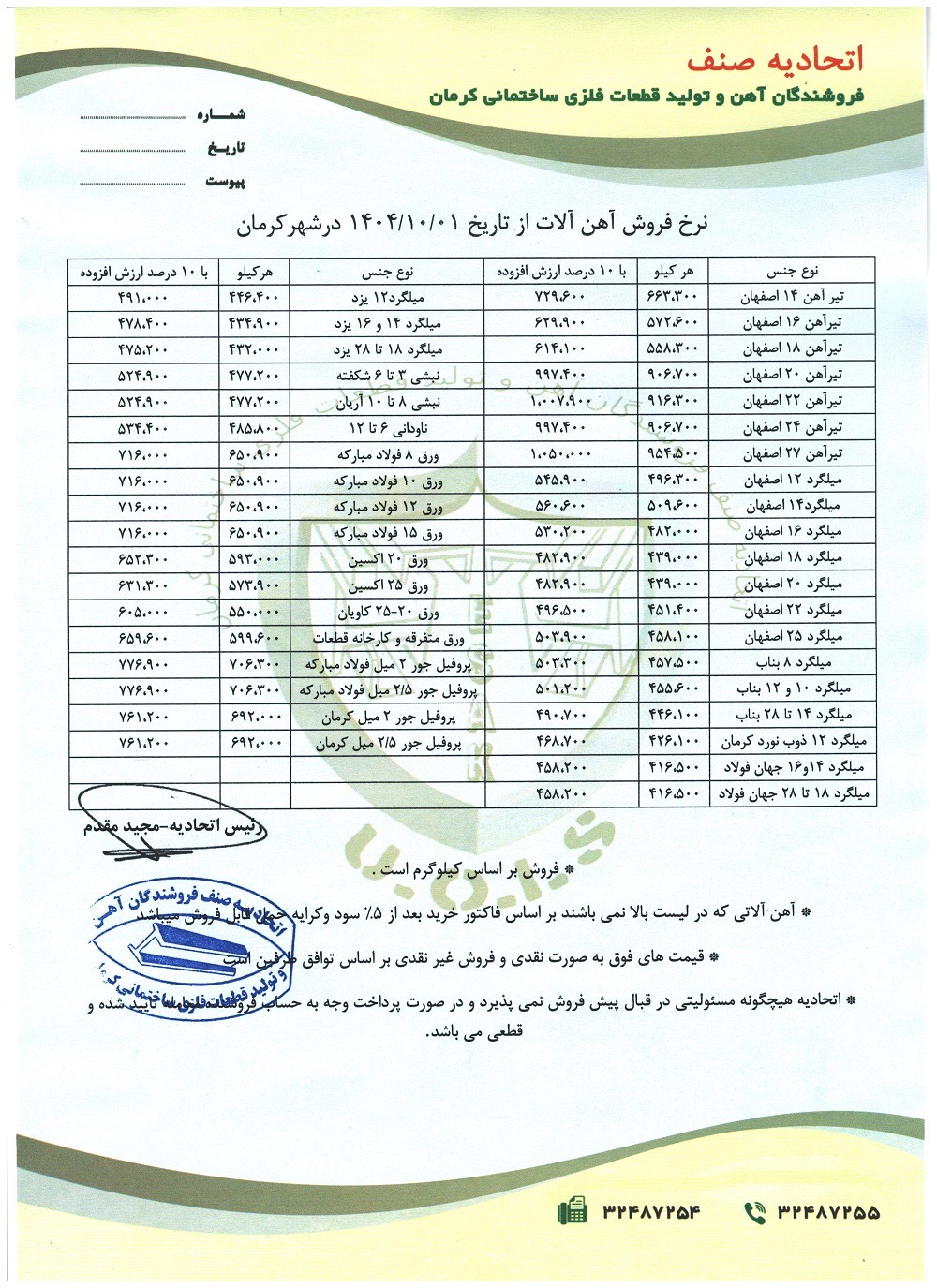 نرخنامه مورخه1404/10/01