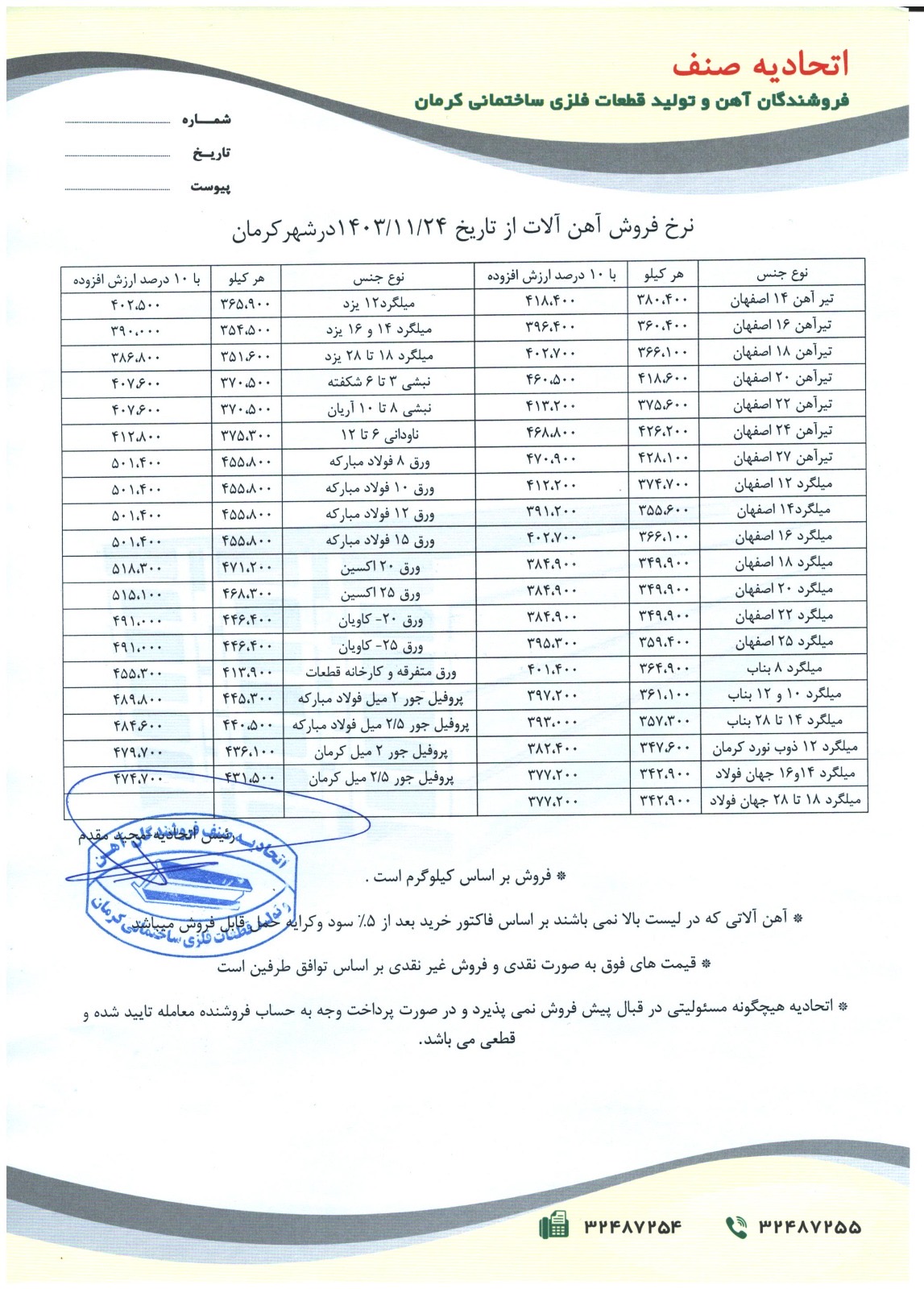 نرخنامه مورخه1403/11/24