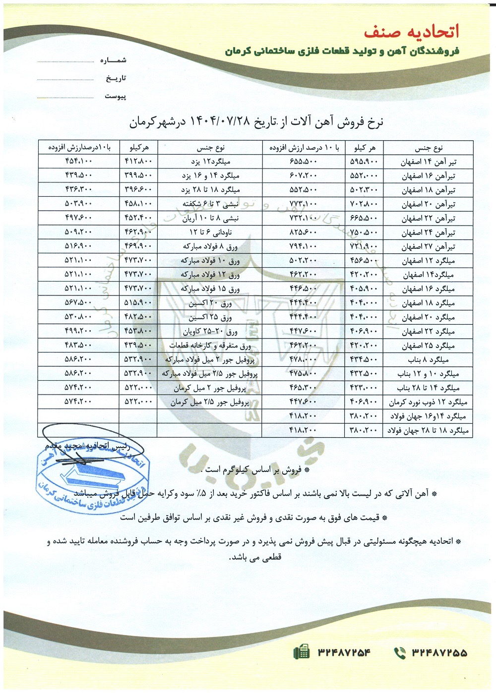 نرخنامه مورخه1404/07/28