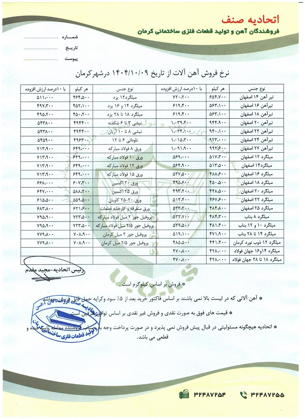 نرخنامه مورخه1404/10/09