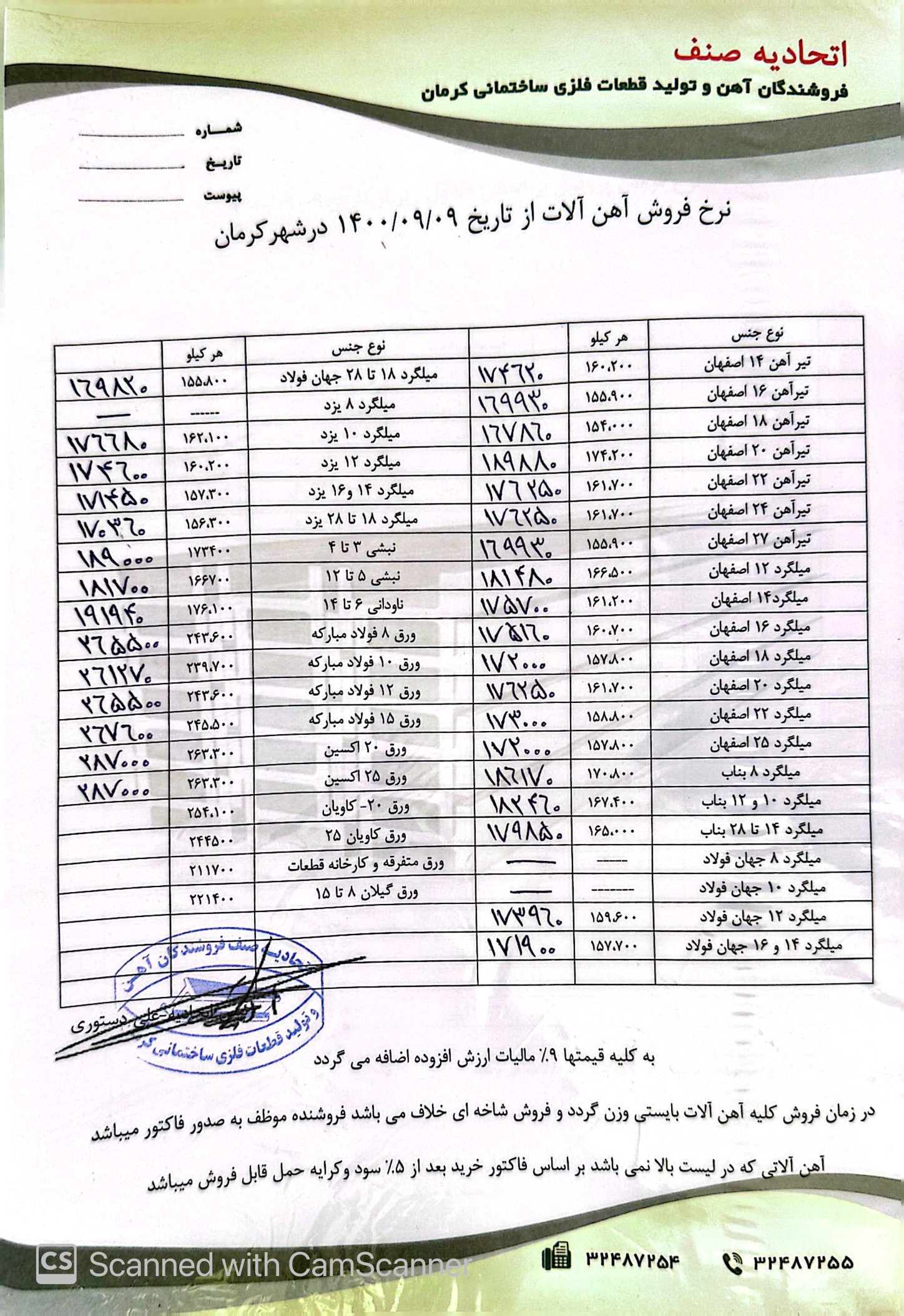 نرخنامه1400/09/09