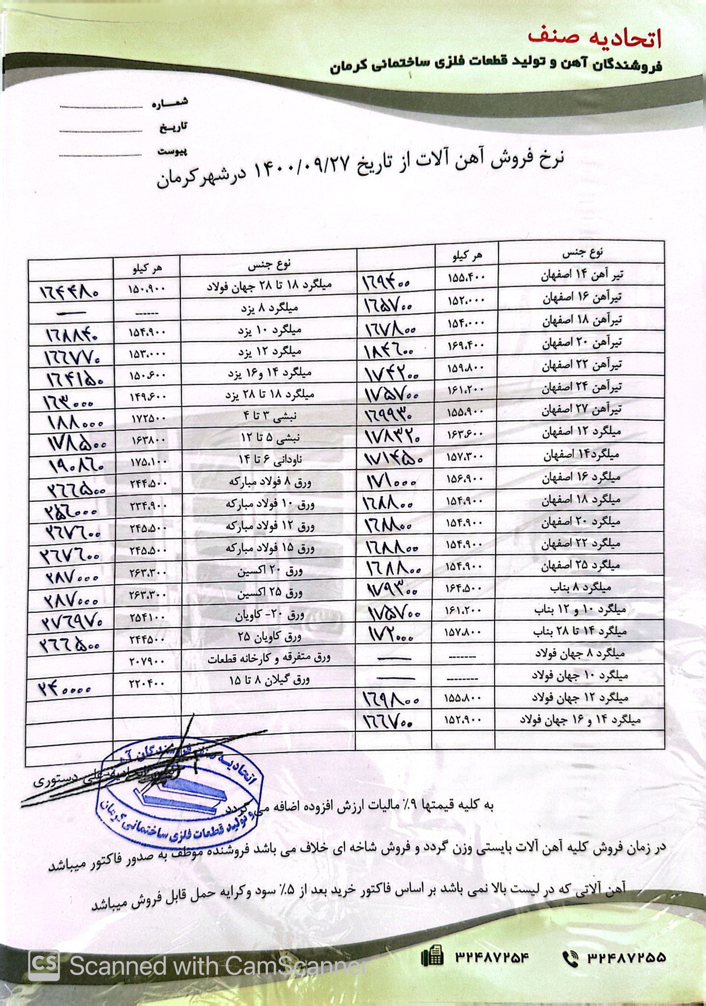 نرخنامه1400/09/27