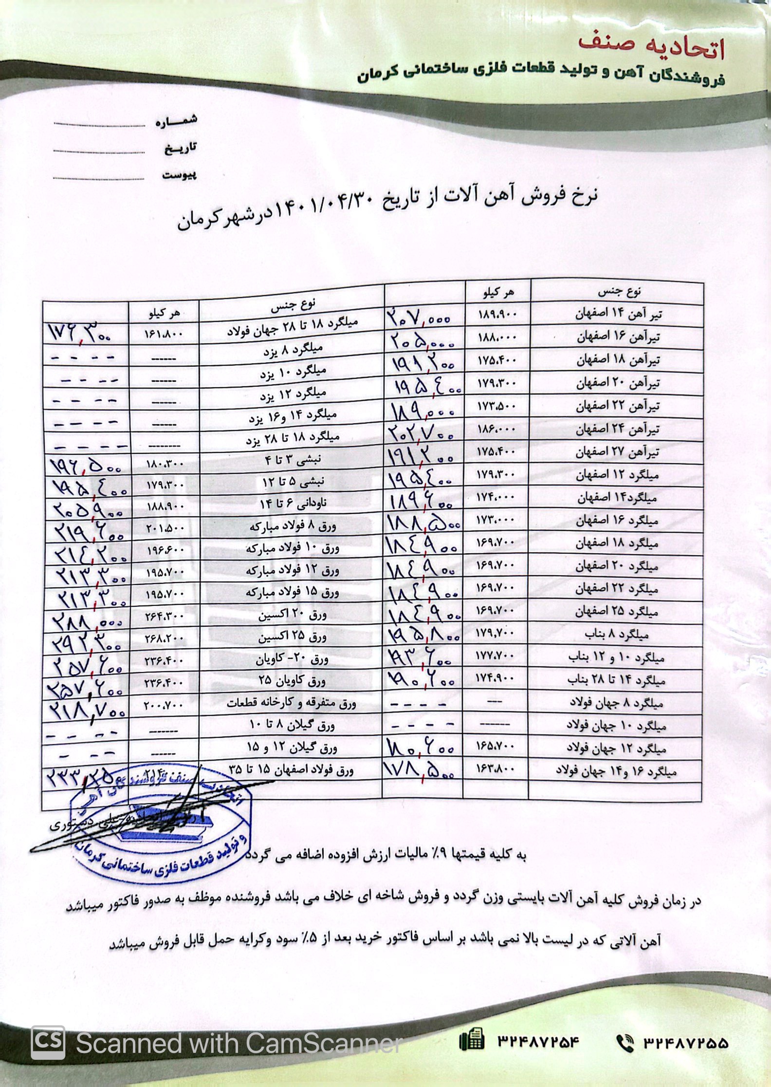 نرخنامه1401/04/30