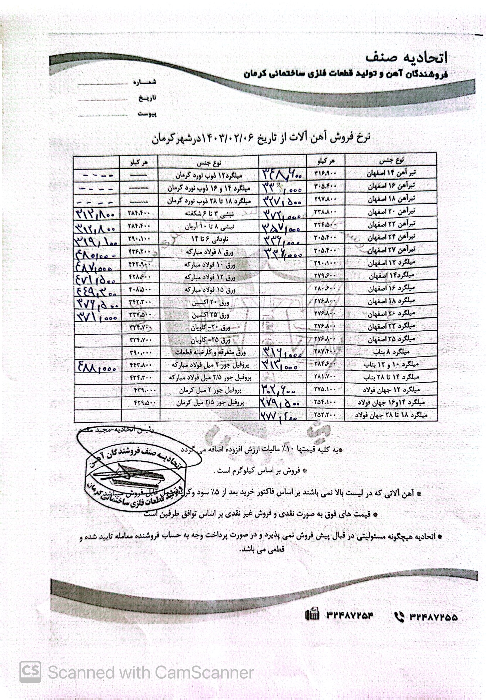 نرخنامه مورخه 1403/02/06