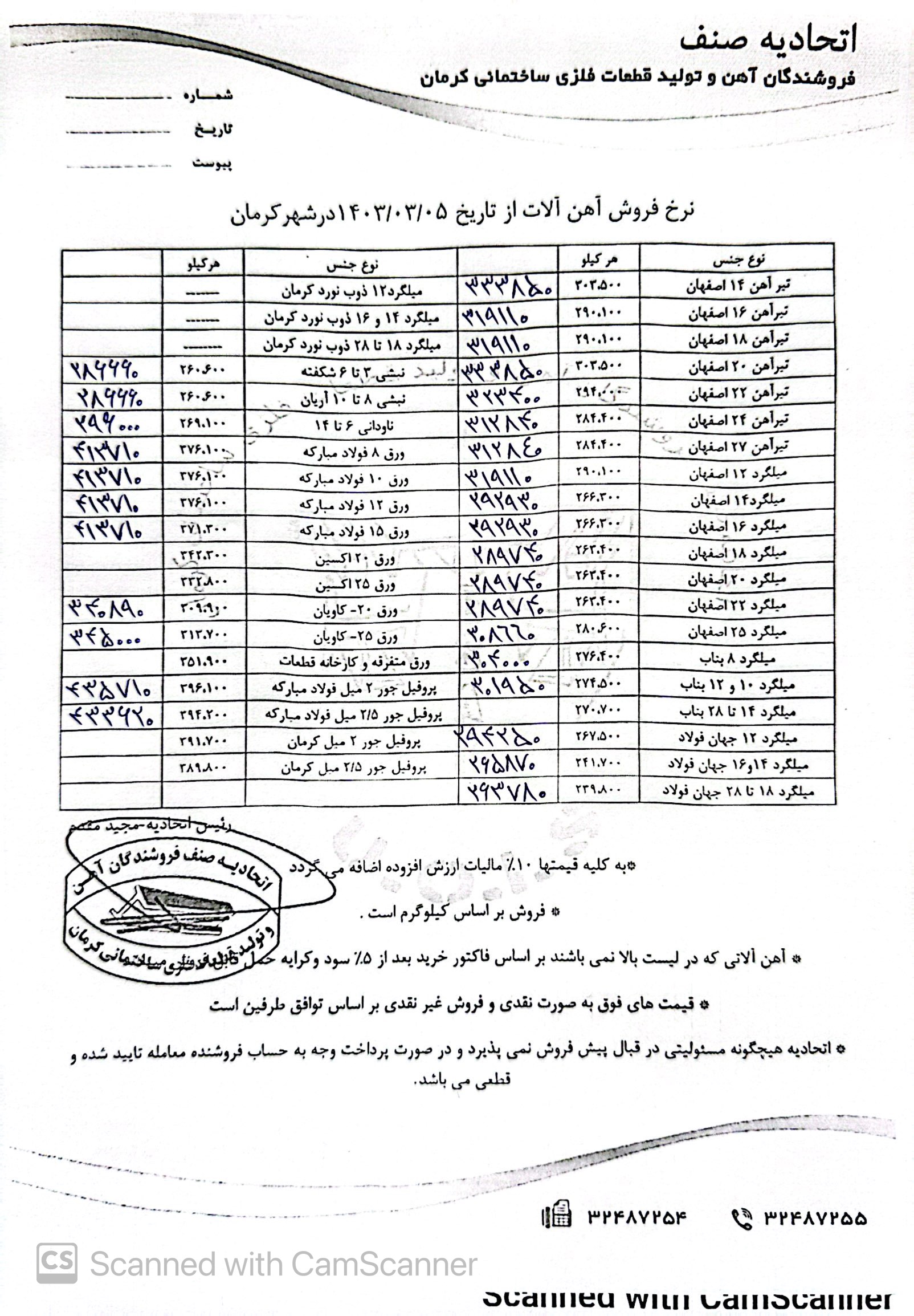 نرخنامه مورخه1403/03/05