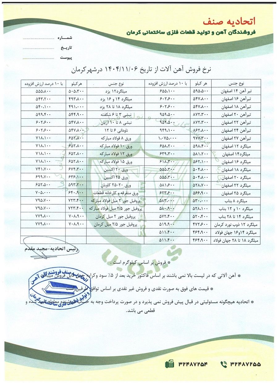 نرخنامه مورخه1404/11/06