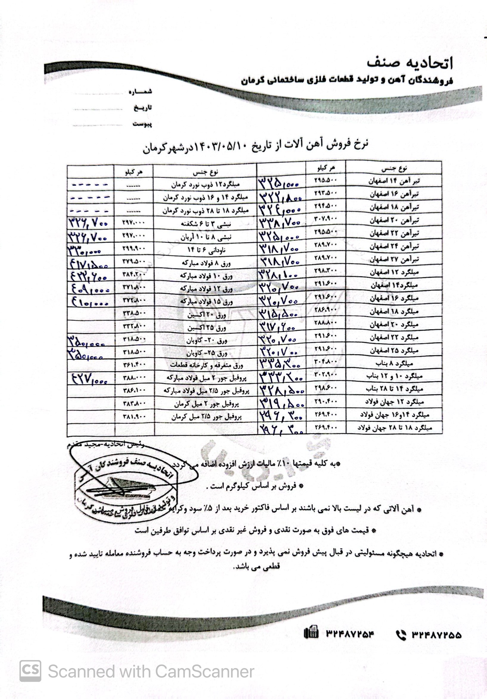 نرخنامه مورخه١٤٠٣/٠٥/١٠