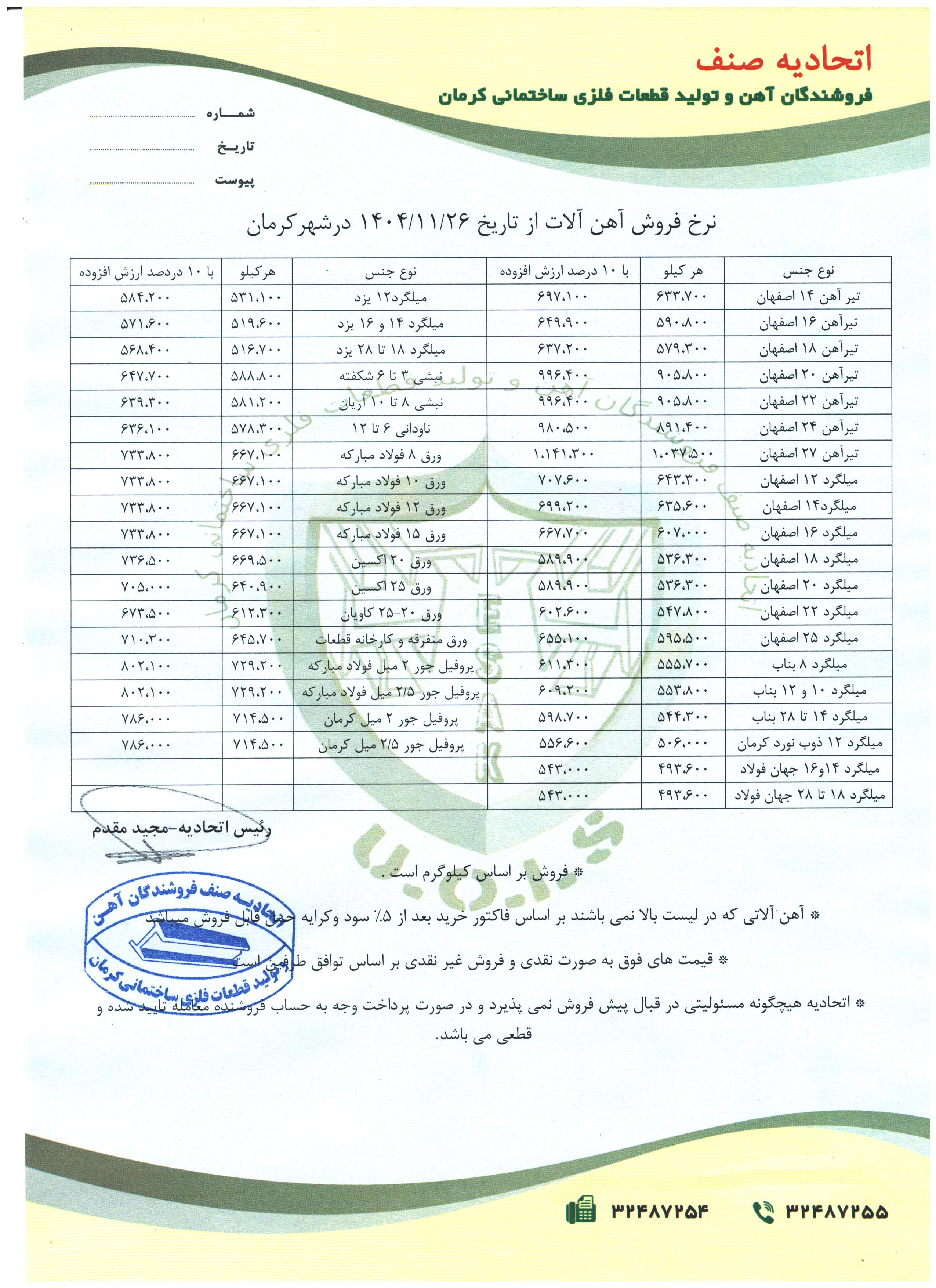 نرخنامه مورخه1404/11/26