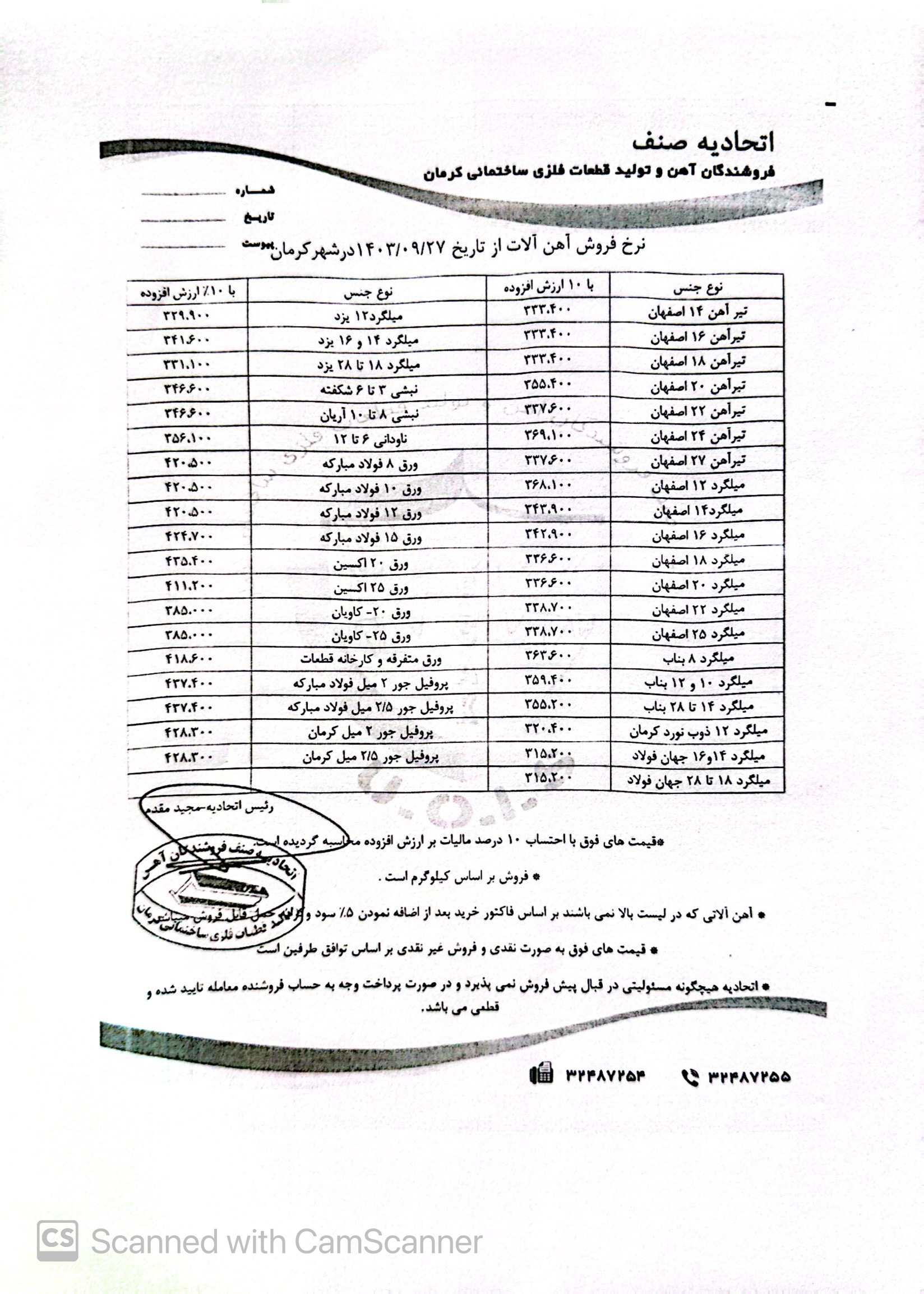 نرخنامه مورخه١٤٠٣/٠٩/٢٧