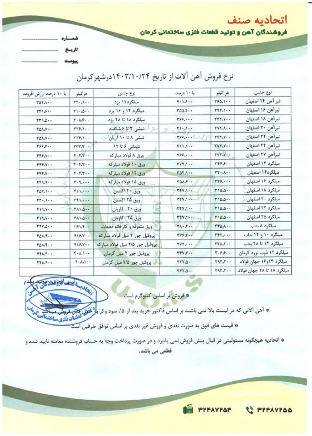 نرخنامه مورخه 1403/10/24