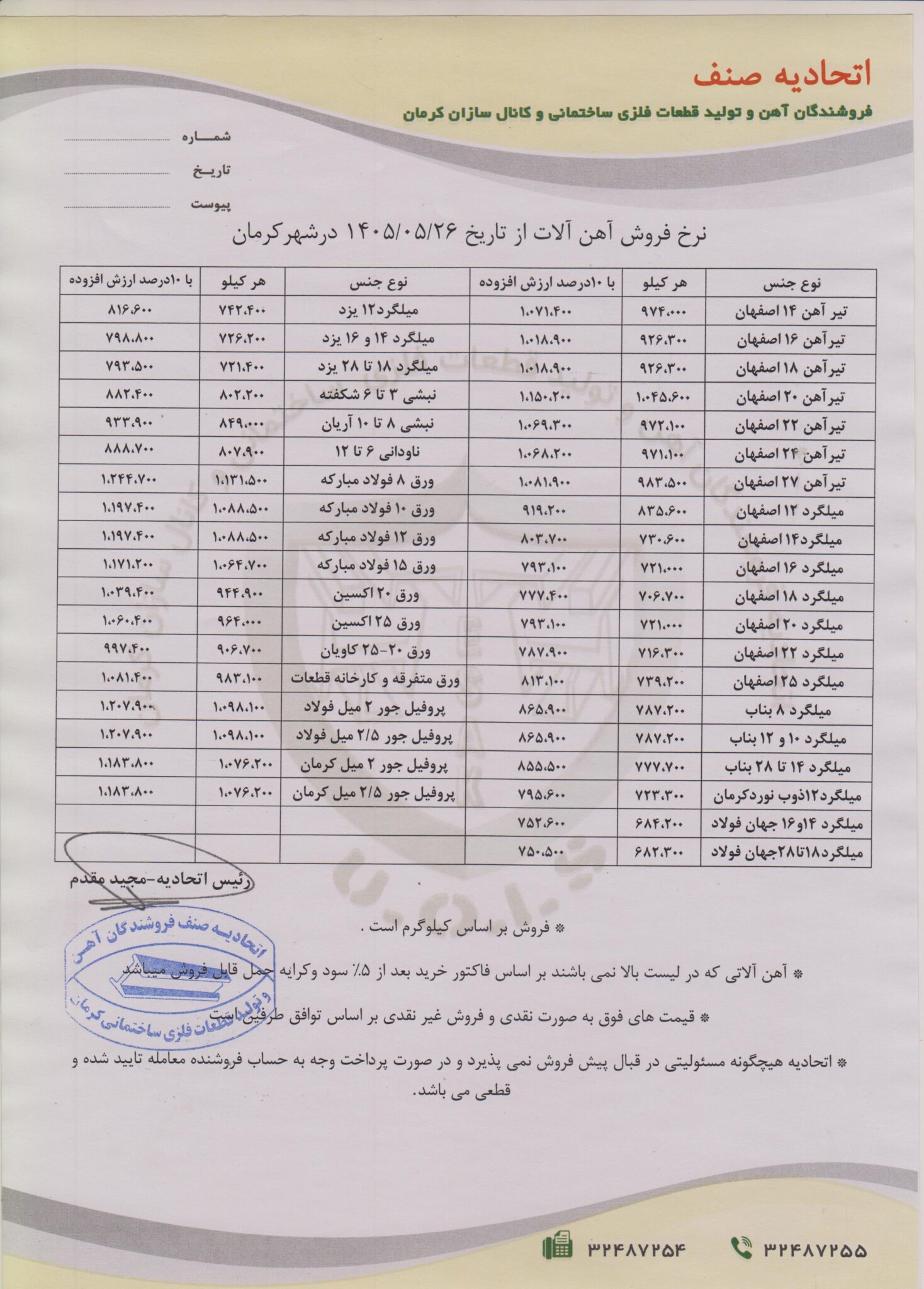 نرخنامه مورخه1405/05/26