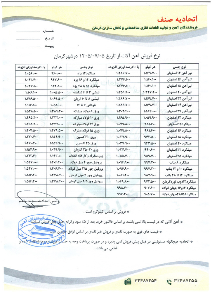 نرخنامه مورخه1405/07/05