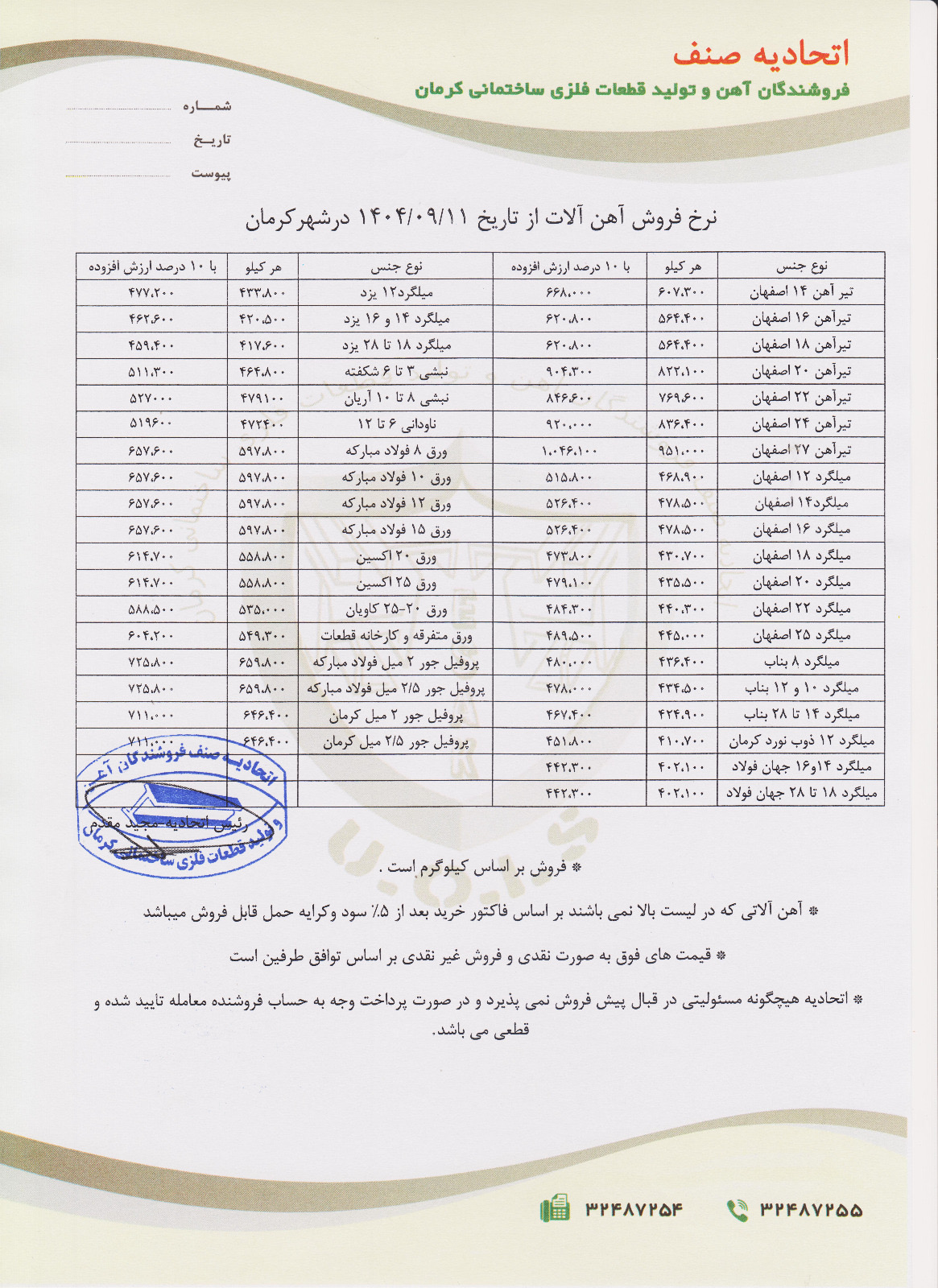 نرخنامه مورخه1404/09/11