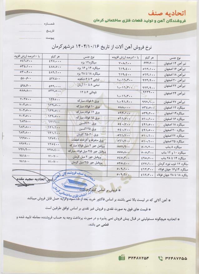 نرخنامه مورخه1404/10/16